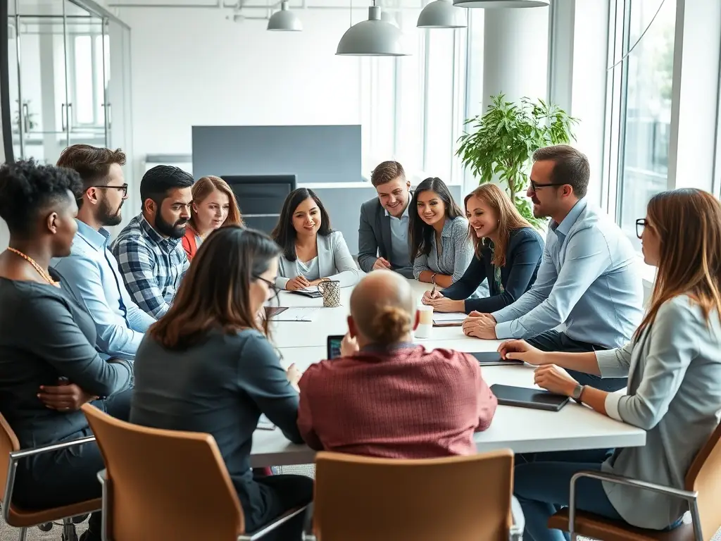 An image depicting a diverse group of professionals collaborating in a modern co-working space, symbolizing career growth and development.