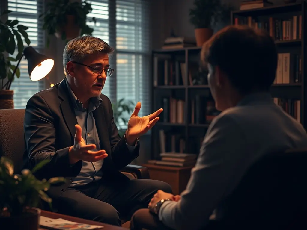 An image of a confident business coach engaging with a client in a modern office setting, with charts and growth metrics displayed, representing business growth coaching.