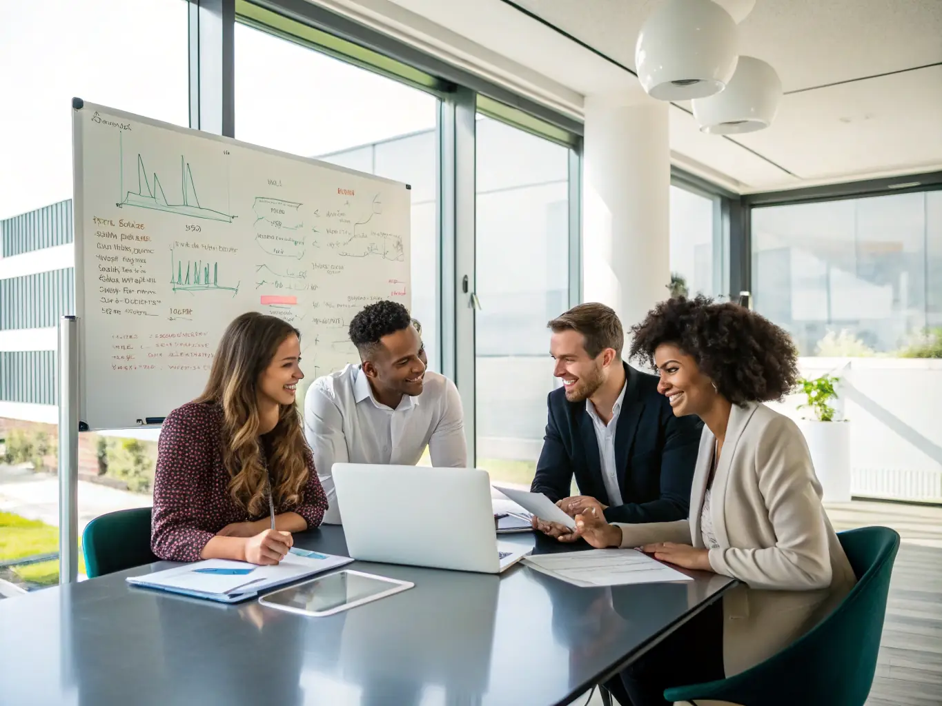A dynamic team brainstorming in a modern office, symbolizing business strategy and collaborative problem-solving, with sticky notes and whiteboards filled with ideas.