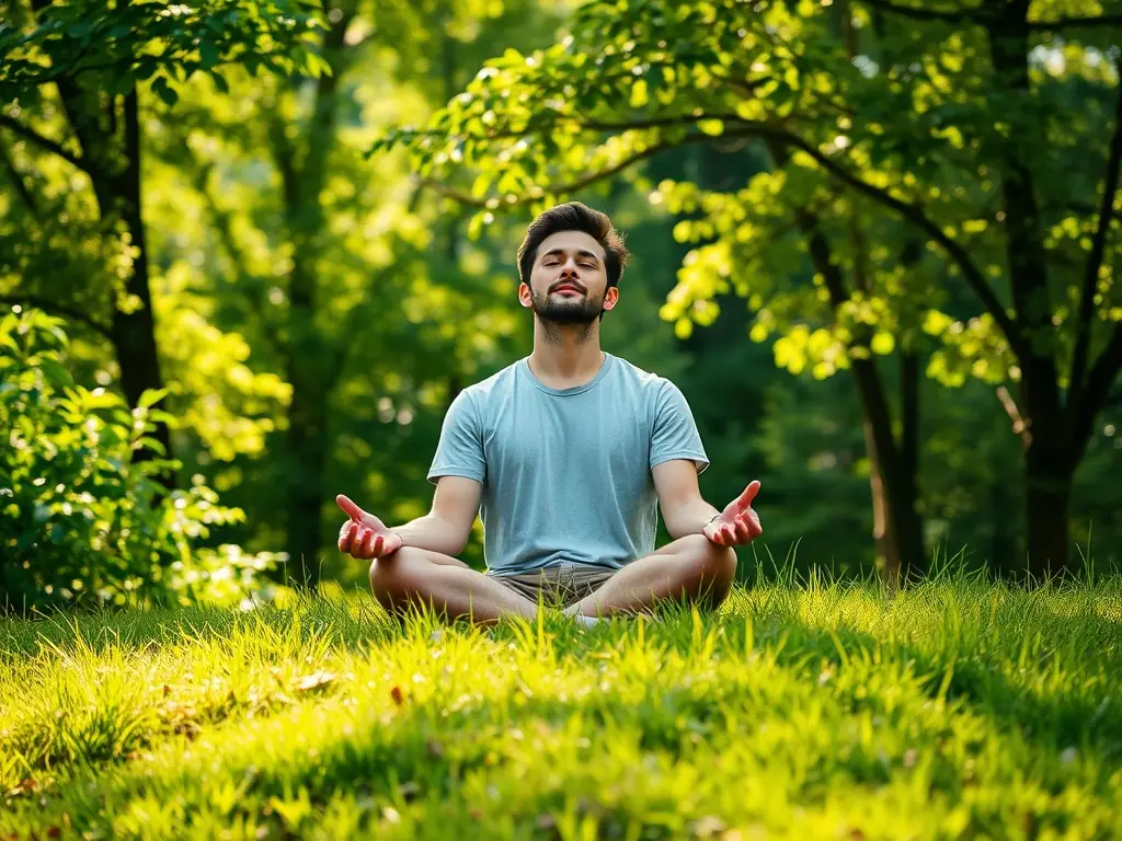 A person meditating in a serene environment, representing mindset development and mental clarity, with subtle visual cues indicating focus and inner peace.