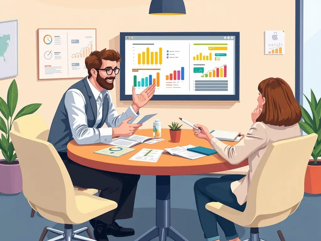 A professional business coach in a modern office setting, guiding a client through a strategic planning session, with charts and graphs visible in the background, symbolizing business growth and strategic development.